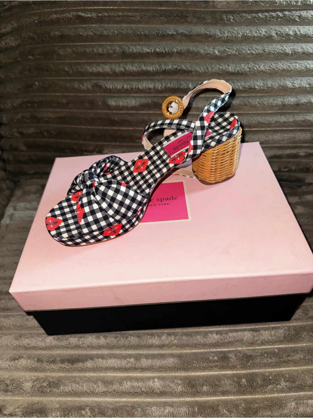 kate spade Black Gingham Sandal with Red Floral Accents and Wicker Heel